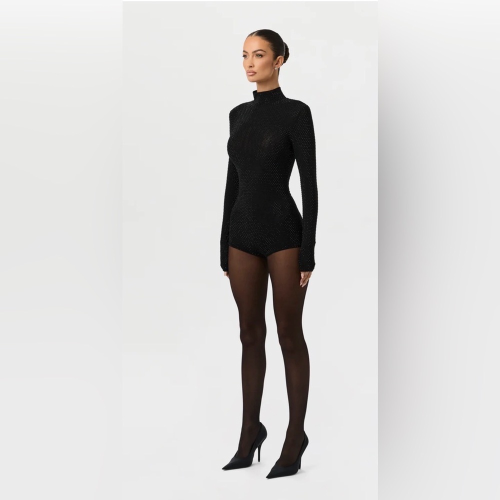 Naked Wardrobe Crystal Turtleneck Romper in Black Size Large NEW - Picture 3 of 10